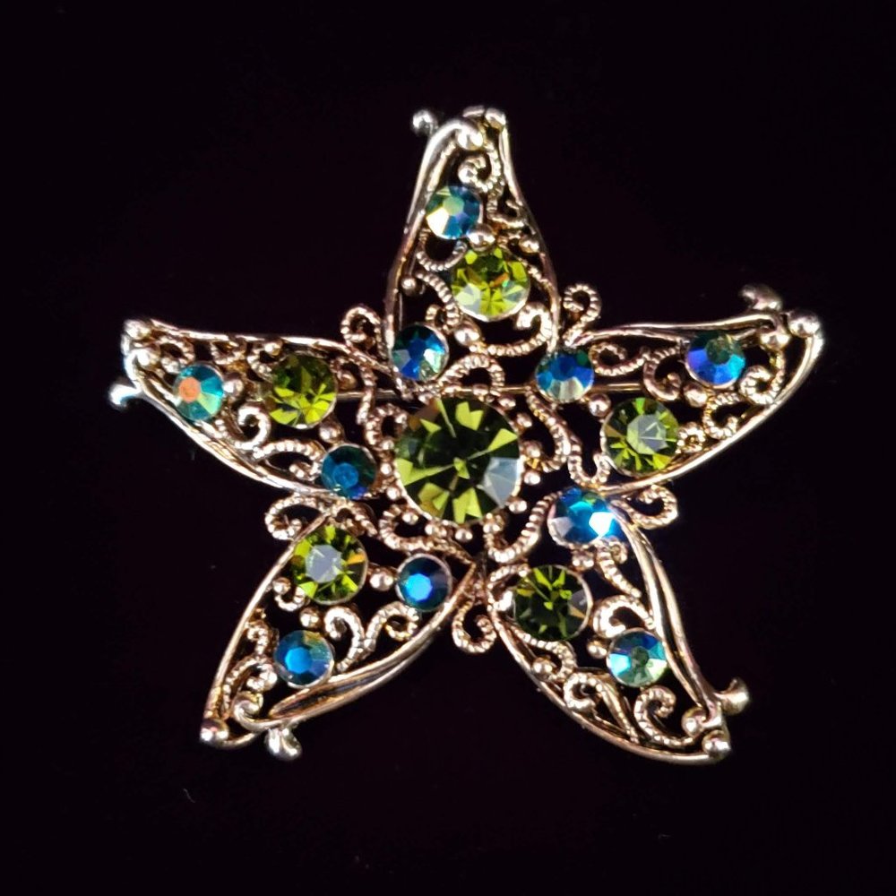 Starfish Blue & Green Rhinestone Gold Tone Filigree Brooch Pin
